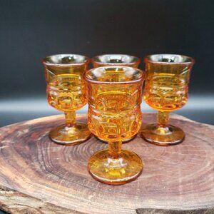 Colony Color Crown Dark Amber Thumbprint Cordial Glasses Set of 4 Vintage 3⅝"